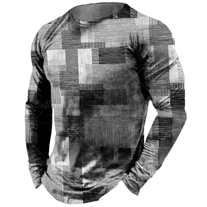 Vintage Men's Long Sleeve T-shirt Tops Plaid Print Autumn Oversized Sweatshirt Male O-neck Casual Daily Streetwear Men Clothing