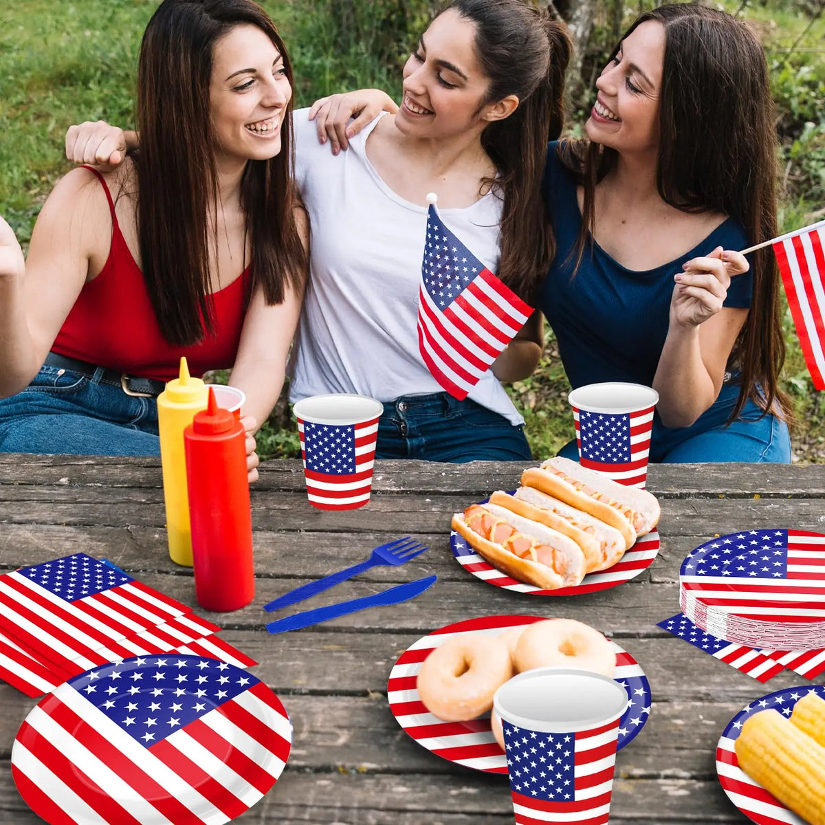 Independence Day Party Supplies American Flag Tableware USA Plates, Cups, Napkins, Forks, Spoons For 4th Of July USA Party Decor