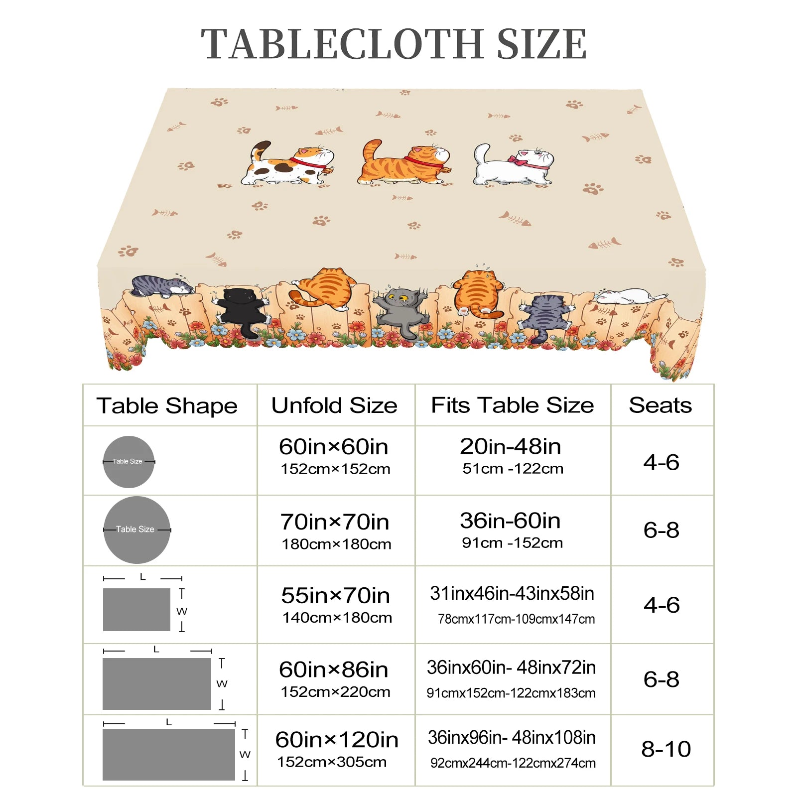 1 Piece of Cute Cat Round Tablecloth, 5 Sizes Available, Cute Cartoon Cat Pattern Printed Desk Tablecloth, Edge Embossing Process, Courtyard Bedroom Decoration, Tablecloth for Daily Home Kitchen, Terrace Use, Spring Decoratio