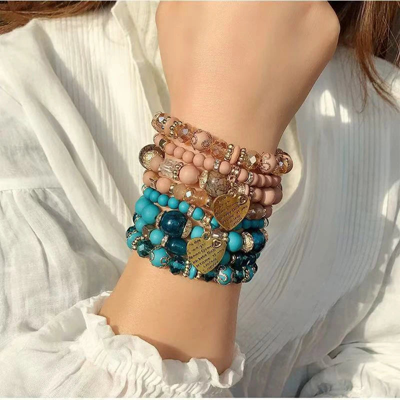 4Pcs/Set Bohemian Style Crystal Glass Love Heart Multi-Layer Stacking Elastic Bracelet For Women Daily Wear Jewelry Gift