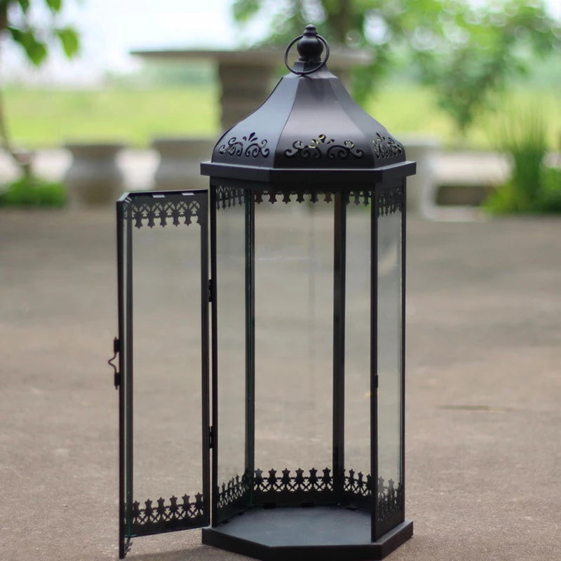 Wrought Iron Candlestick European Style Windproof Lamp Glass Lantern Wind Lamp Candlestick For Wedding Ornament Outdoor Floor