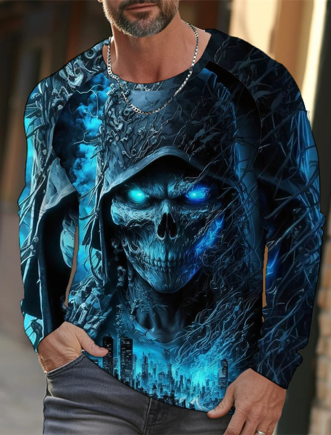Men's long-sleeved T-shirt 3D printed high-definition skull stitching printing men's autumn tops casual round neck home clothes