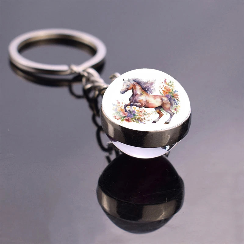 Horse Pattern Keychains White Brown Horse Racing Double Sided Glass Ball Pendant Key Chain Fashion Animal Jewelry Keyring Gift