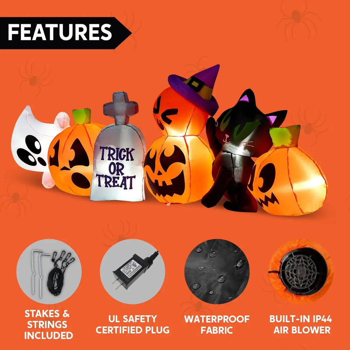 8 ft Long Pumpkin Ghost Cat Halloween Inflatable Decoration
