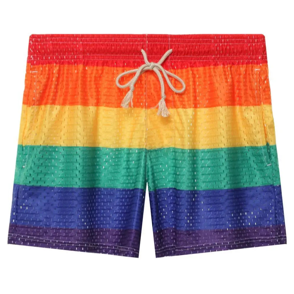 Men's Shorts Rainbow Stripe Fashion Casual Shorts Mesh Breathable Drawstring Sports Shorts Gym Men Boxer Shorts Bottoms Pocket