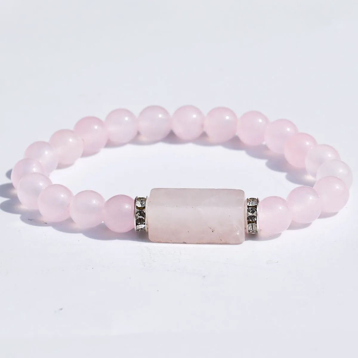Natural Stone Bracelet: Featuring Rectangular Rose Quartz Plaques, Round Beads, Agate, Obsidian, and Raw Amazonite