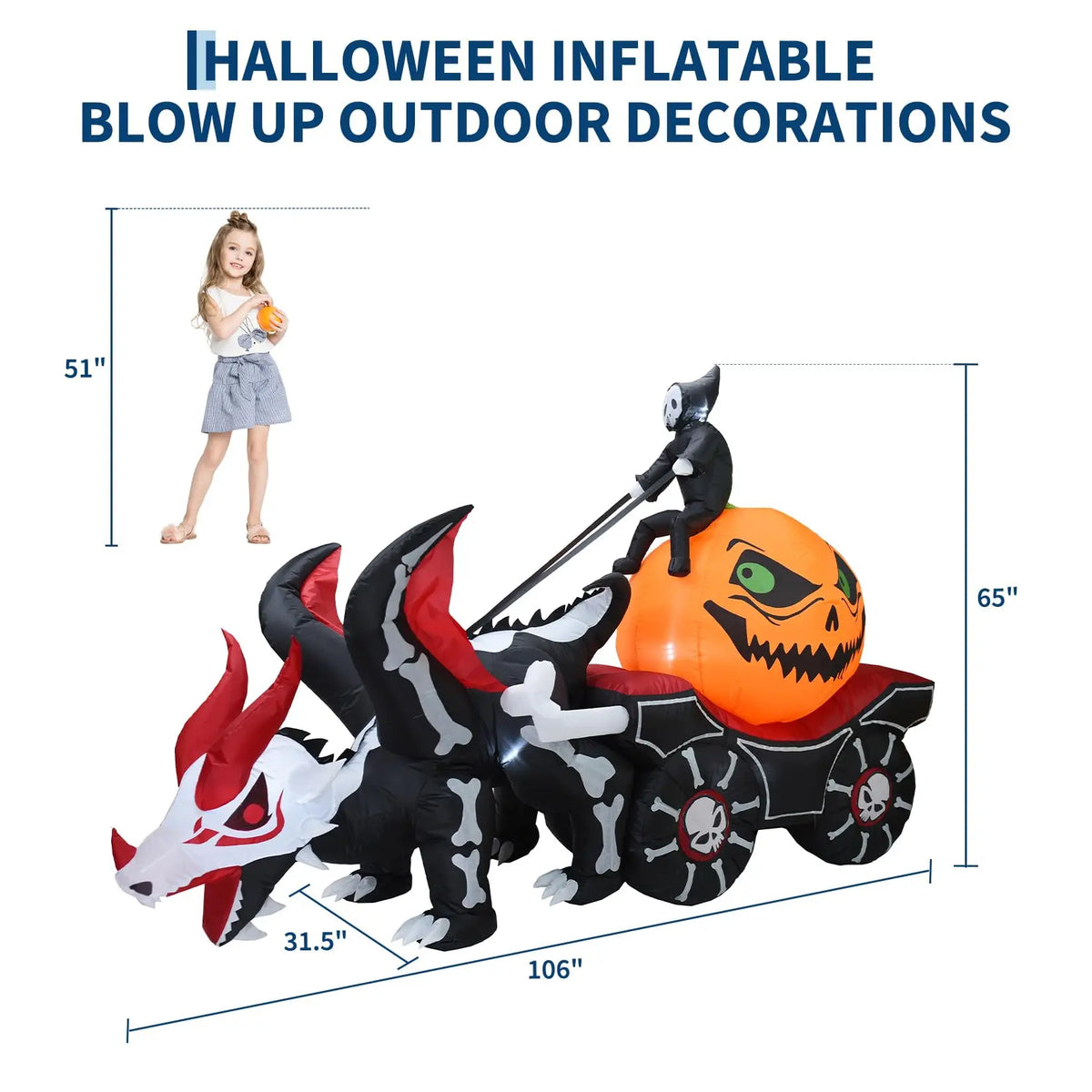 12ft Halloween Inflatable Dragon Carriage With 3 Led Lights, Blow Up Outdoor Yard Lawn Porch Haunted House Party Decor Toy