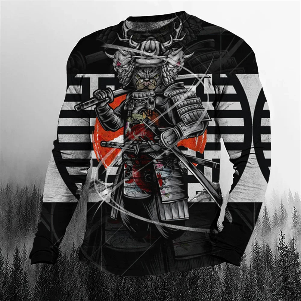 2024 Fall Cool Vintage Samurai 3D Printed Men's T-shirt O-Neck Casual Men's Clothing Oversized Cartoon Long Sleeve Tops