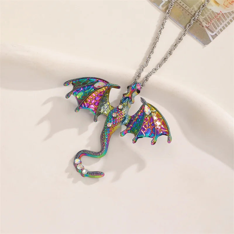 Gothic Colorful Flying Dragon Necklace for Woman Man Punk Jewelry Goth Pendants Necklaces Enamel Fly Dragon Collar collares