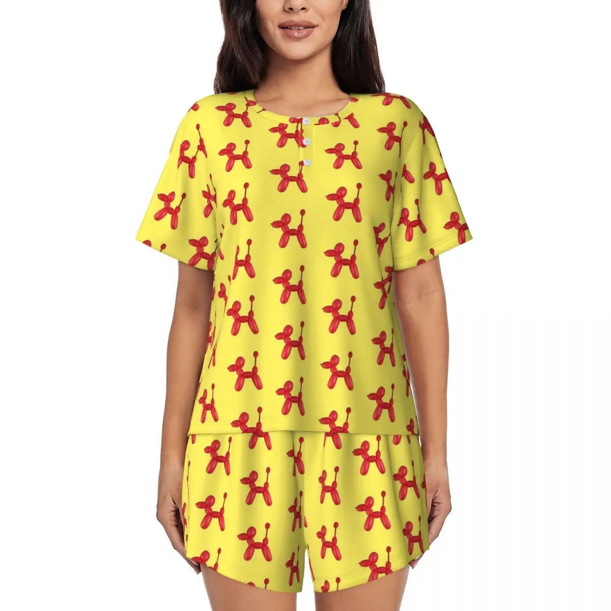 Red Balloon Dog Pajamas Short Sleeves Cartoon Animal 2 Pieces Room Pajama Sets Summer Women O Neck Lovely Nightwear