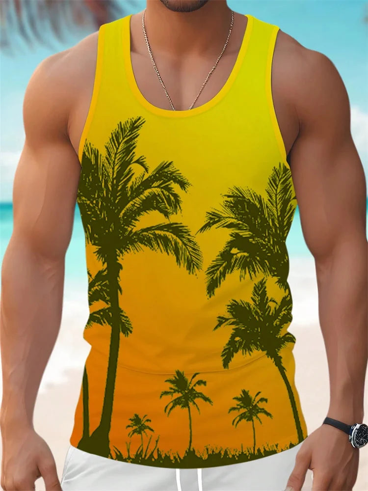 Summer Tank Top Men's Hawaii Beach Casual Clothing Quick Drying Silk Fit Sleeveless Shirt Mens Fashionable Body-Shaping Tank Top