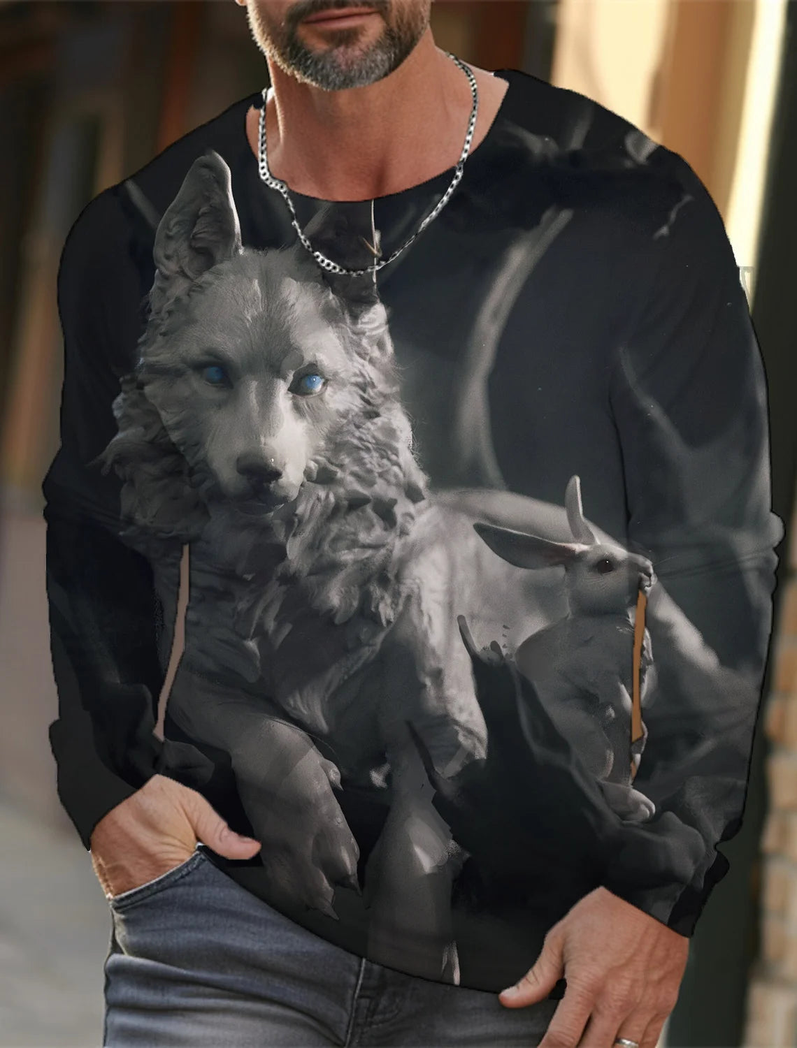 2024 new men's long-sleeved t-shirt 3d printed high-definition wolf animal print men's autumn tops casual round neck t-shirt