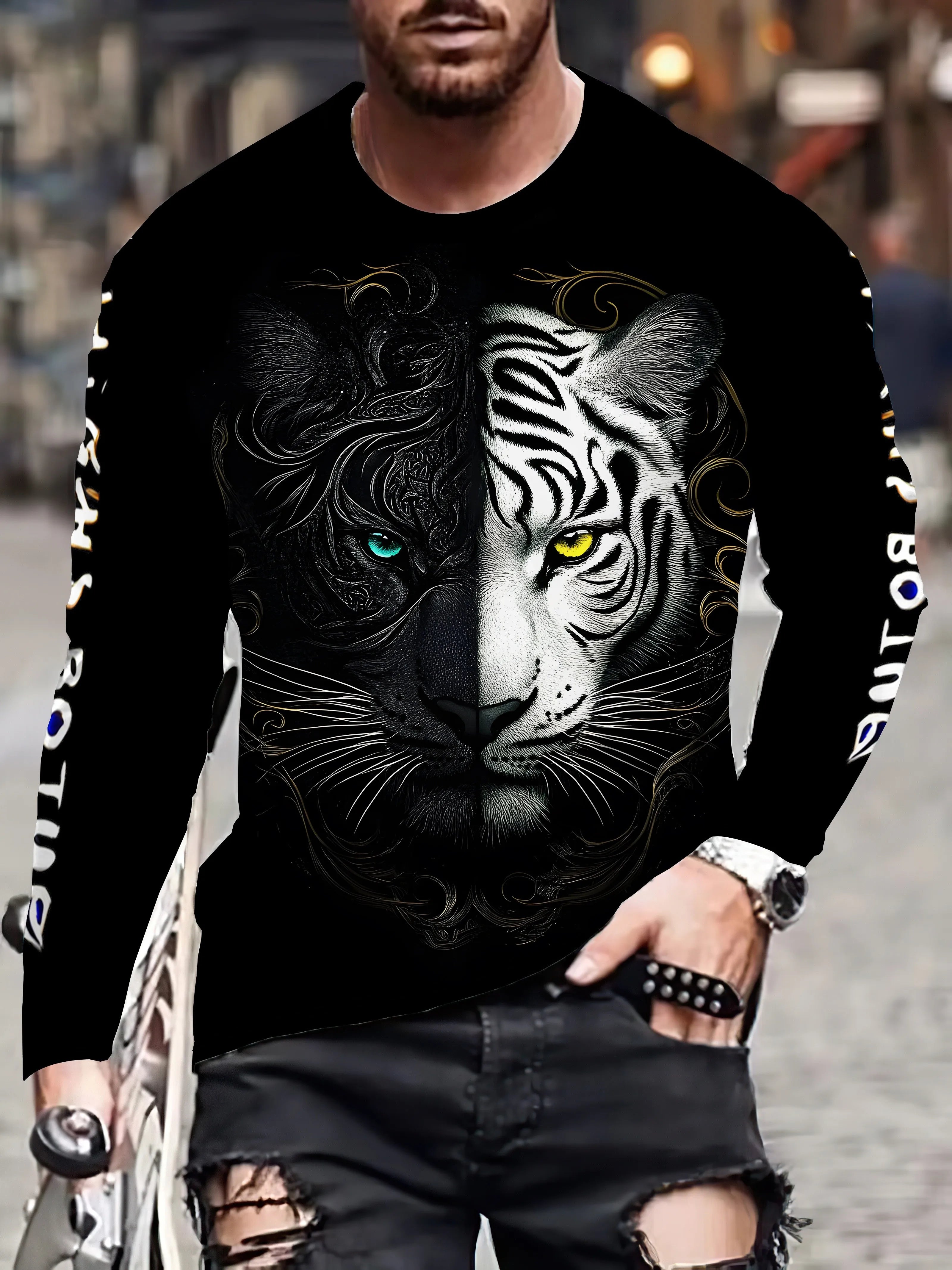 Black and white tiger print men's T-shirt fashion long-sleeved T-shirt casual round neck street top loose pullover autumn