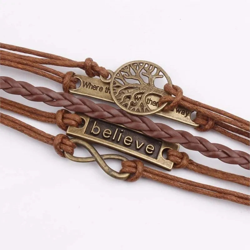 Brown Braided Wrap Leather Infinity Charm Bracelet Believe Tree of Life