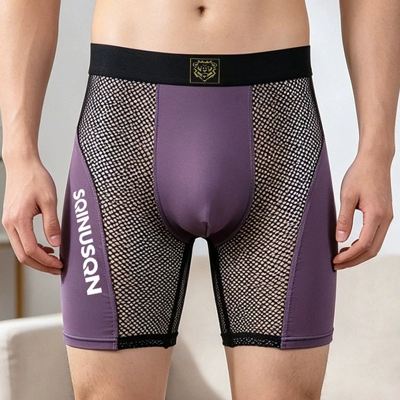 L-3XL Men's Mesh Ice Silk Boxer Shorts Summer Breathable Sports Underwear with Glow-in-the-Dark Letters – Quick Dry & Anti-Chafe