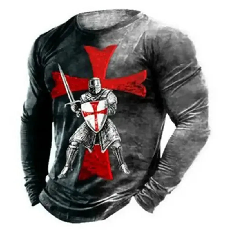 Templar Knight Print Retro Fashion Casual Men's Round Neck Long Sleeve Street Hip Hop Extra Large Speed Drying Wearing T-shirt