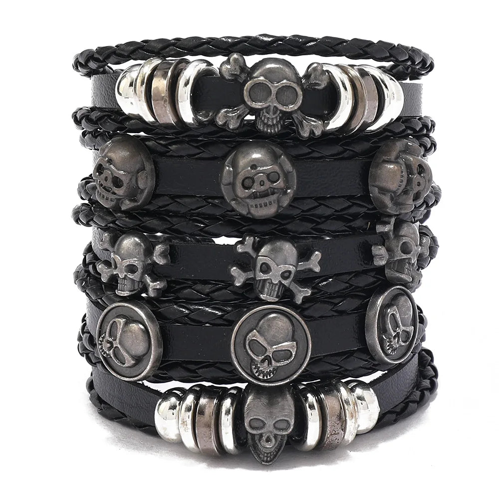 1 Fashion Bracelet Viking Bracelet For Men Hand Bracelets Woven Skull Hand Jewelry Adjustable Leather Set Bracelet For Leather