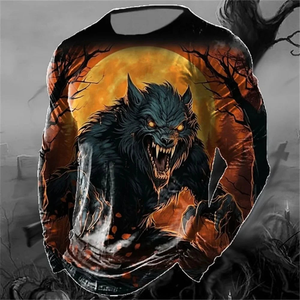 Men's Long Sleeve T-shirt Winter 3D Animal Print T Shirts Street Fashion Wolf Pattern Tops Tees Oversized Men's Clothing