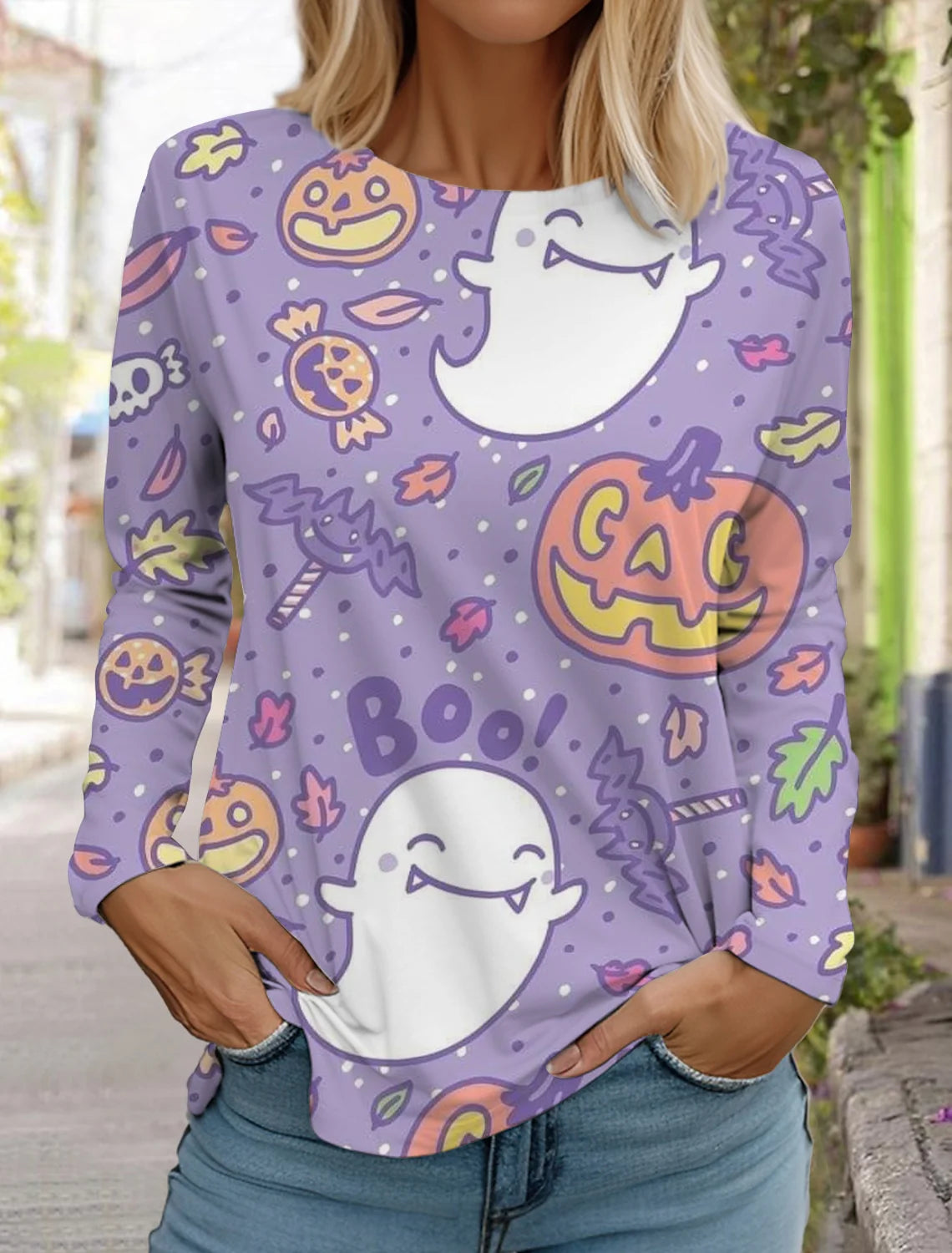 Halloween skull pumpkin print pullover autumn and winter women's casual long sleeve round neck sweatshirt men's clothing
