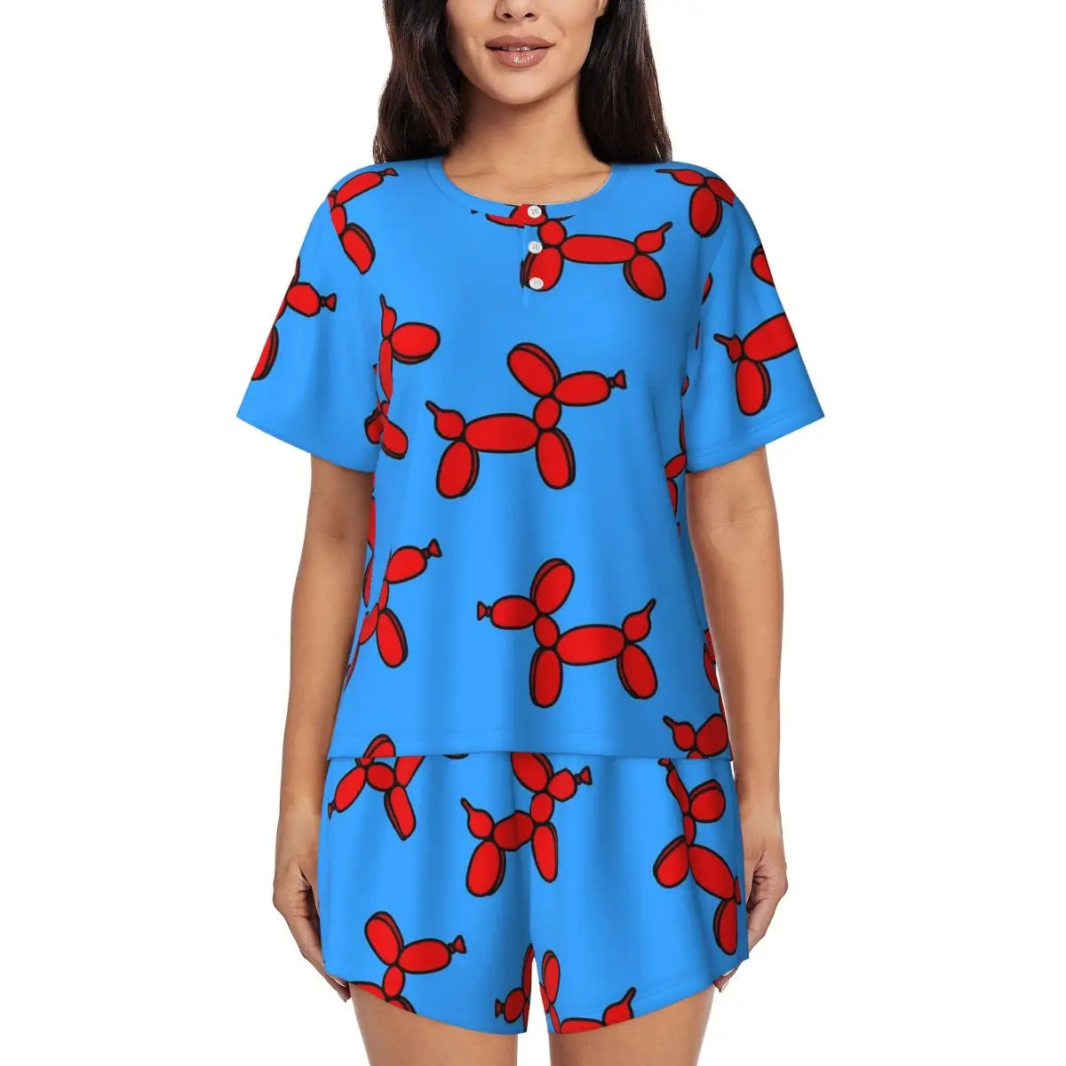 Red Balloon Dog Pajamas Short Sleeves Cartoon Animal 2 Pieces Room Pajama Sets Summer Women O Neck Lovely Nightwear