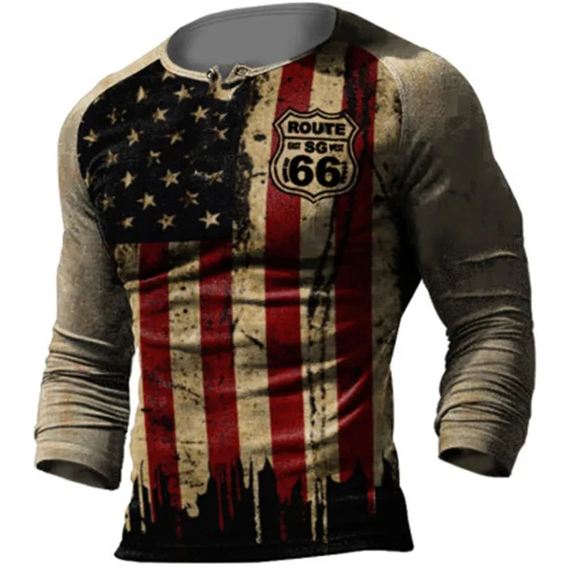 2024 Men's T-shirts Long Sleeve 3d Print Top Casual Cotton Vintage T Shirt Vintage Route 66 Tee Loose Sports O-neck Clothing 5xl