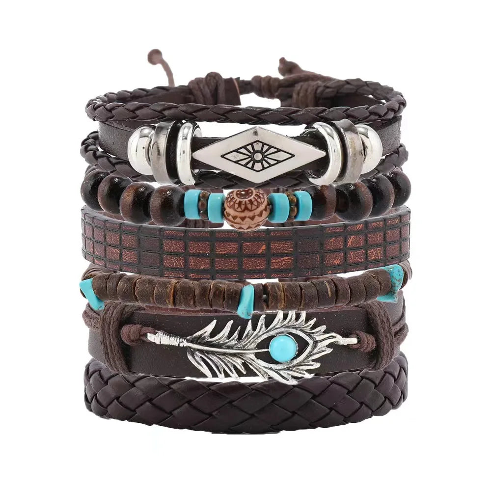 Bohemian Turquoise Wood Beaded Beaded Bracelet Leaf Flower Feather Multi-layer Men's Woven Leather Bracelet