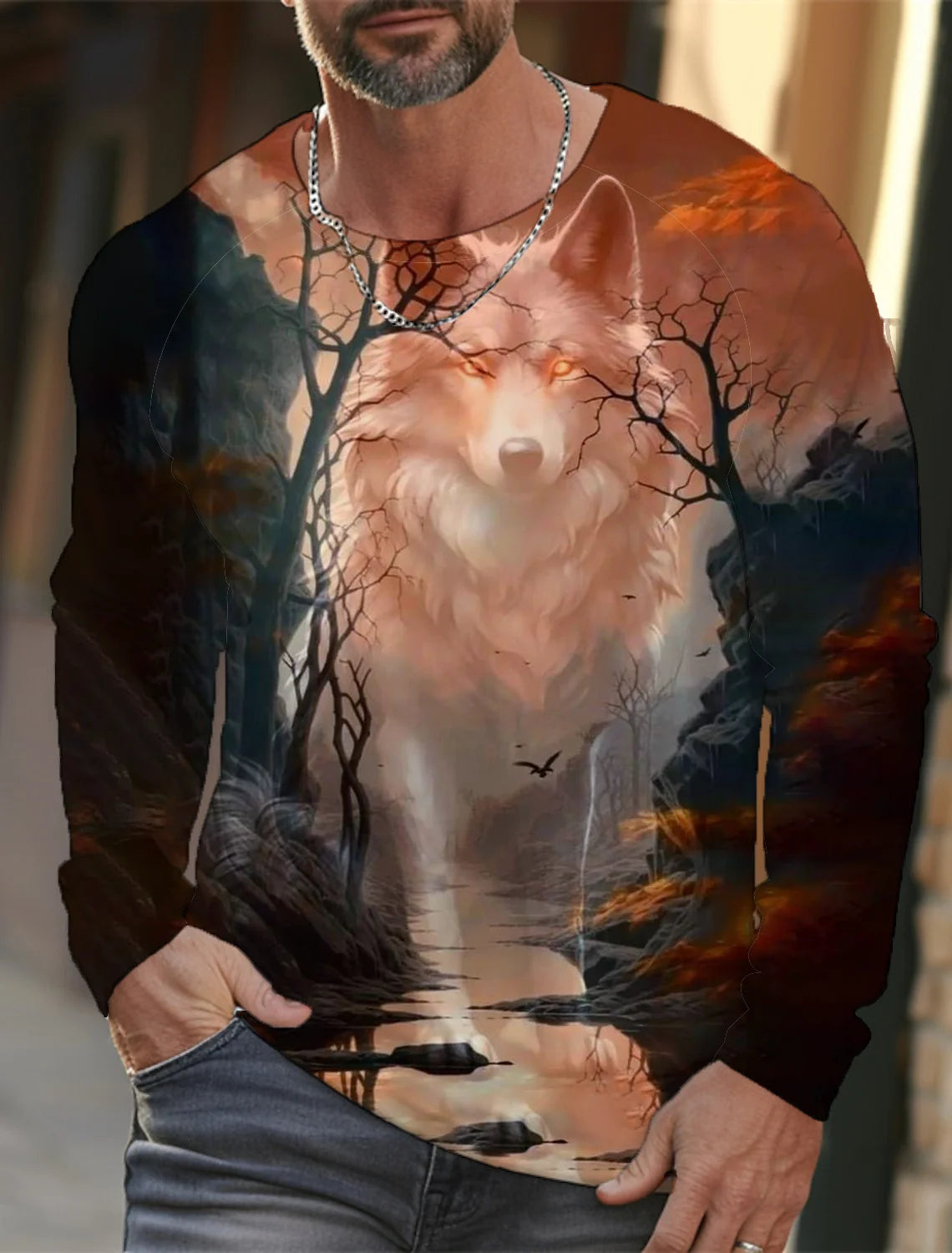 2024 Men's Summer Long Sleeve 3d Printed Wolf Print T-Shirt Tops Men Streetwear Clothing Round Neck Graphic Long Sleeve T-Shirt
