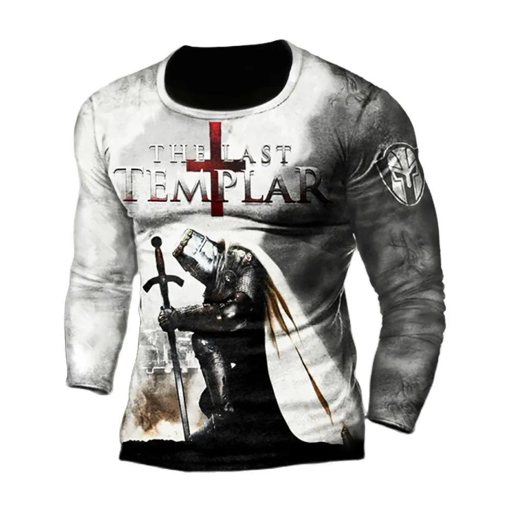 Templar Knight Print Retro Fashion Casual Men's Round Neck Long Sleeve Street Hip Hop Extra Large Speed Drying Wearing T-shirt