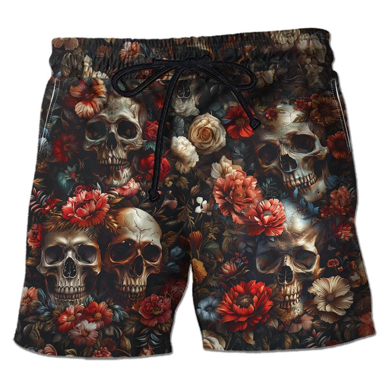 Harajuku Skull Graphic Beach Shorts Hawaiian Male Boardshorts Goth Skeleton Flower Bermudas Hip Hop Short Pants For Men Trousers