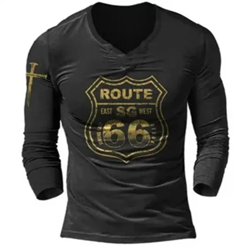 2024 Men's T-shirts Long Sleeve 3d Print Top Casual Cotton Vintage T Shirt Vintage Route 66 Tee Loose Sports O-neck Clothing 5xl