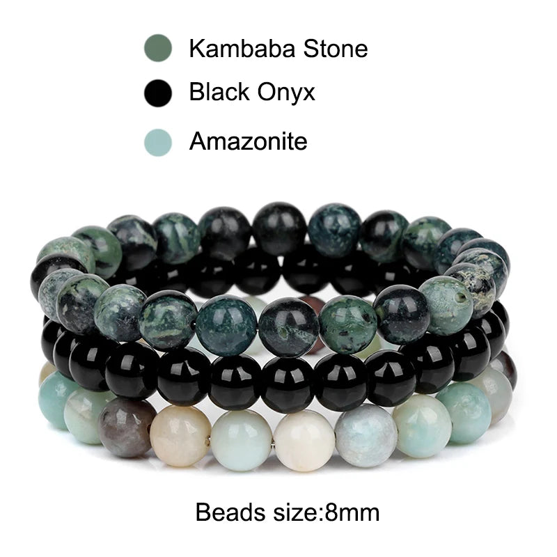 3Pcs/set 8mm Natural Stone Beads Bracelet Set Pink Zebra Rhodonite Moonstone Agates Hematite Bracelets For Women Men Jewelry