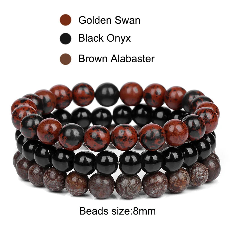 3Pcs/set 8mm Natural Stone Beads Bracelet Set Pink Zebra Rhodonite Moonstone Agates Hematite Bracelets For Women Men Jewelry