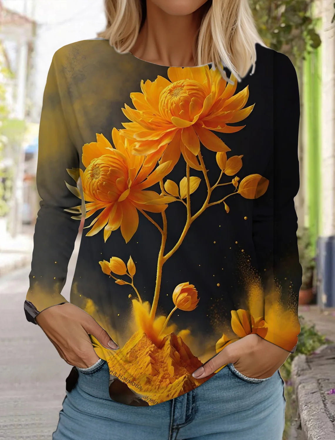 2024 women's fashion retro tops long sleeve round neck pullover casual long sleeve t-shirt new 3d printed lotus print t-shirt