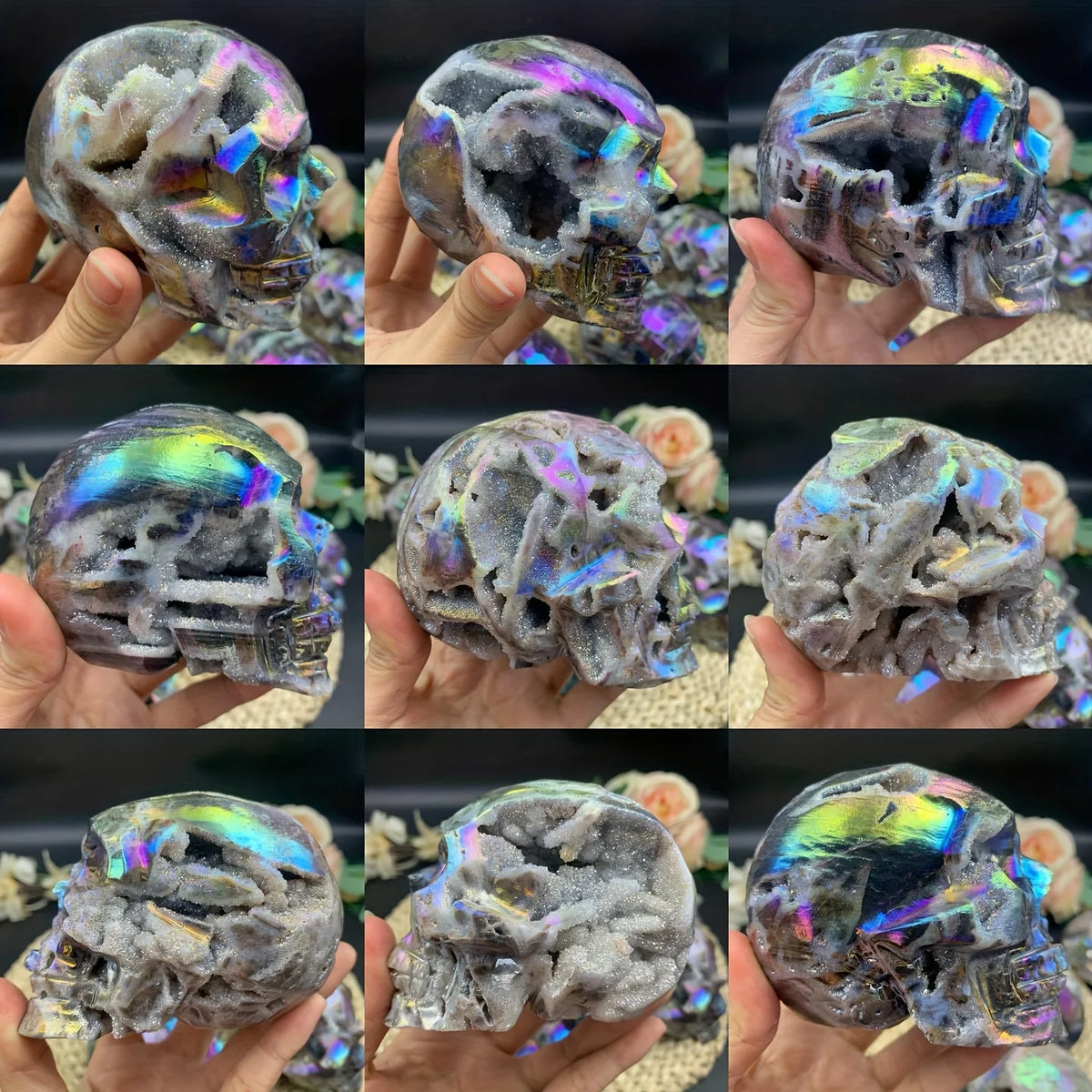 1pc Aura Sphalerite Stone Skull with Iridescent Rainbow Colors, Bohemian Home Decor, Holiday Gifts