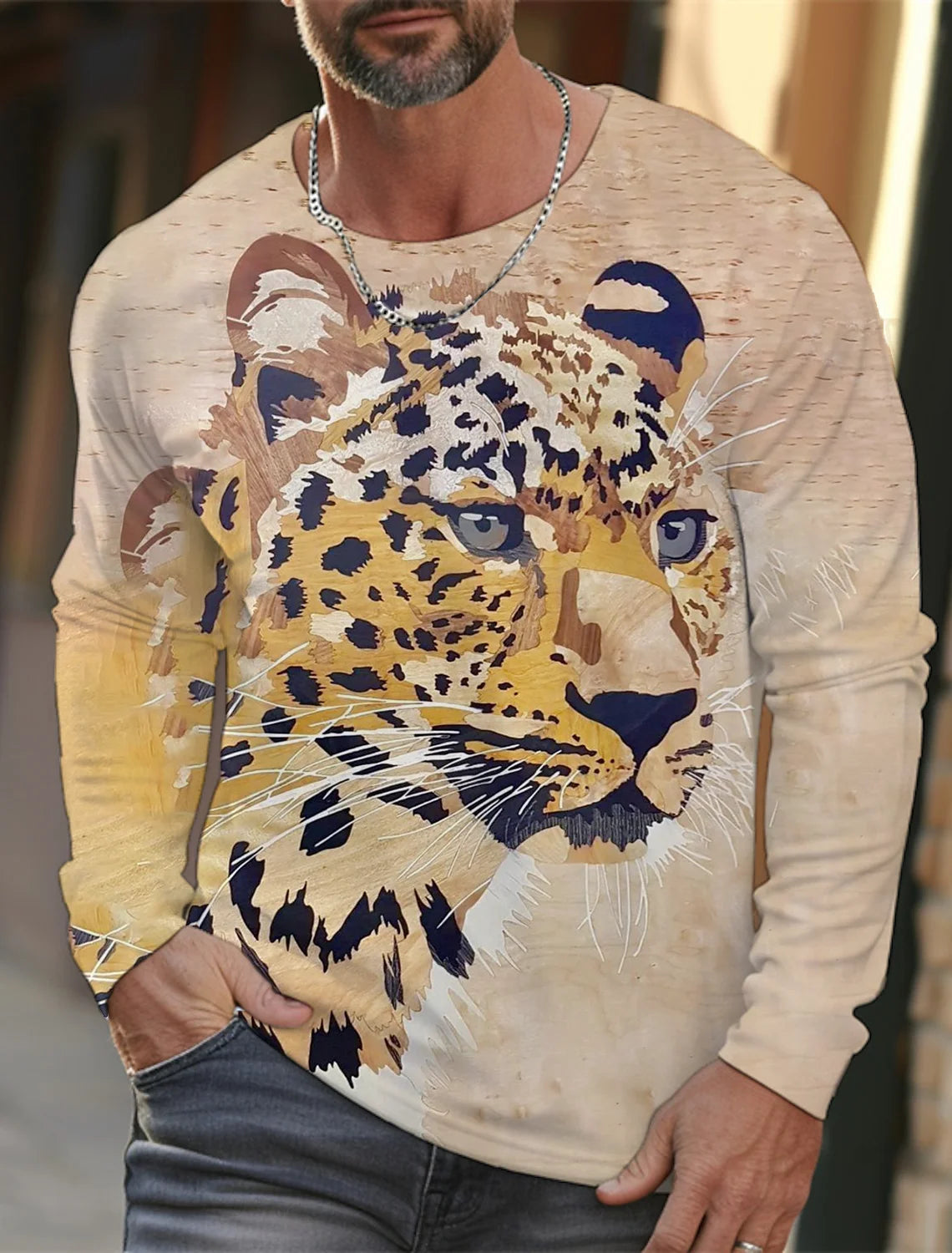 Men's long-sleeved T-shirt 3D printing HD leopard print men's long-sleeved T-shirt autumn tops casual round neck home clothes