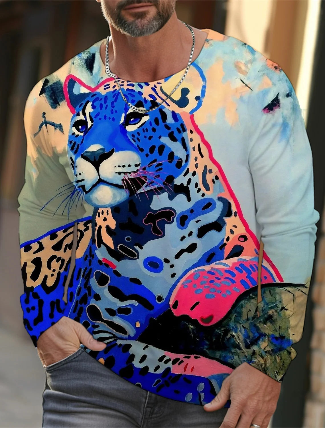 Men's long-sleeved T-shirt 3D printing HD leopard print men's long-sleeved T-shirt autumn tops casual round neck home clothes