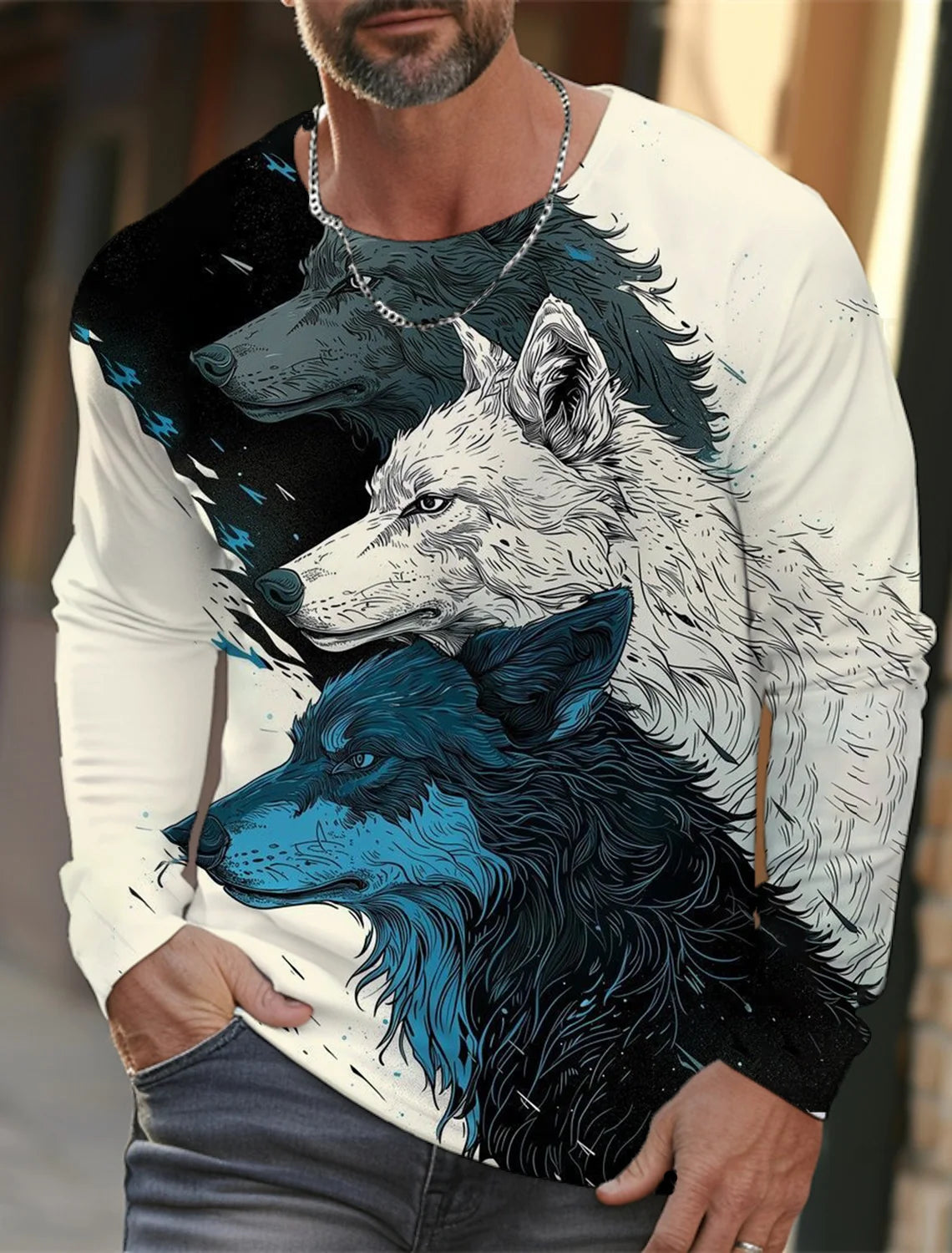 2024 new men's Ukiyoe long-sleeved T-shirt 3d printed high-definition wolf print men's autumn top casual round neck T-shirt