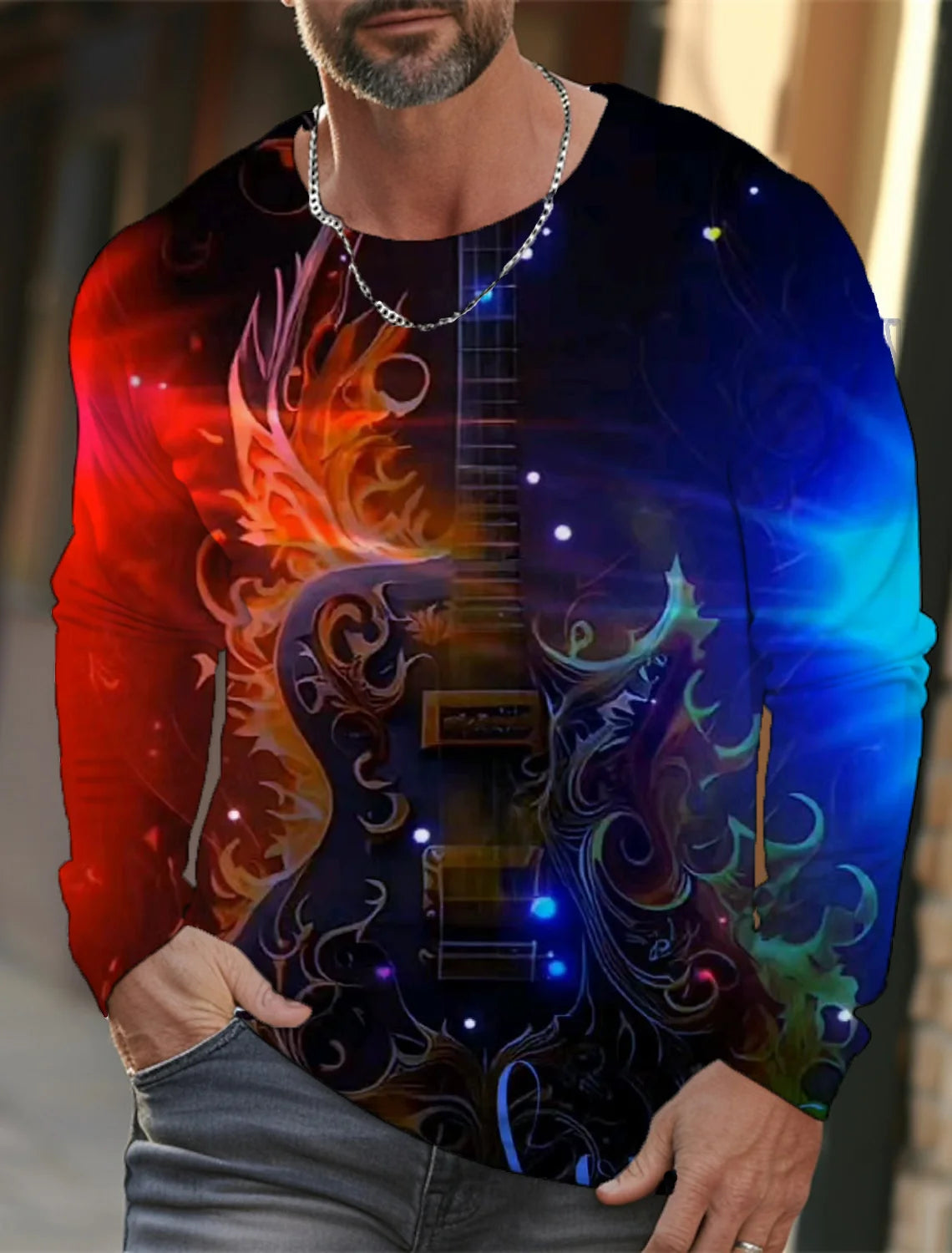 2024 new men's Ukiyoe long-sleeved T-shirt 3D printing high-definition wave cat printing men's autumn casual round neck top