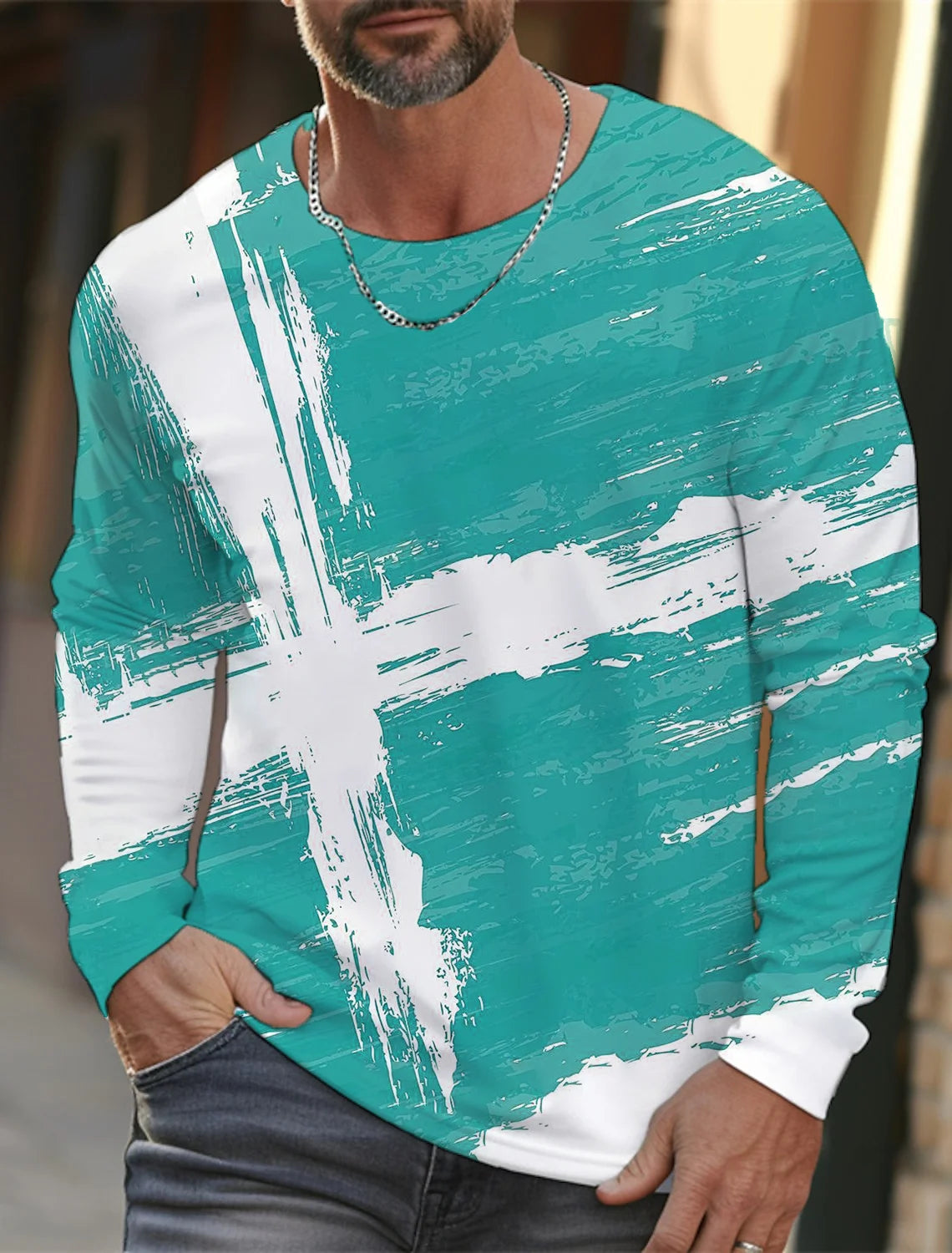 Men's long-sleeved T-shirt 3D printed cross color printing men's long-sleeved T-shirt autumn tops HD pattern printed T-shirt