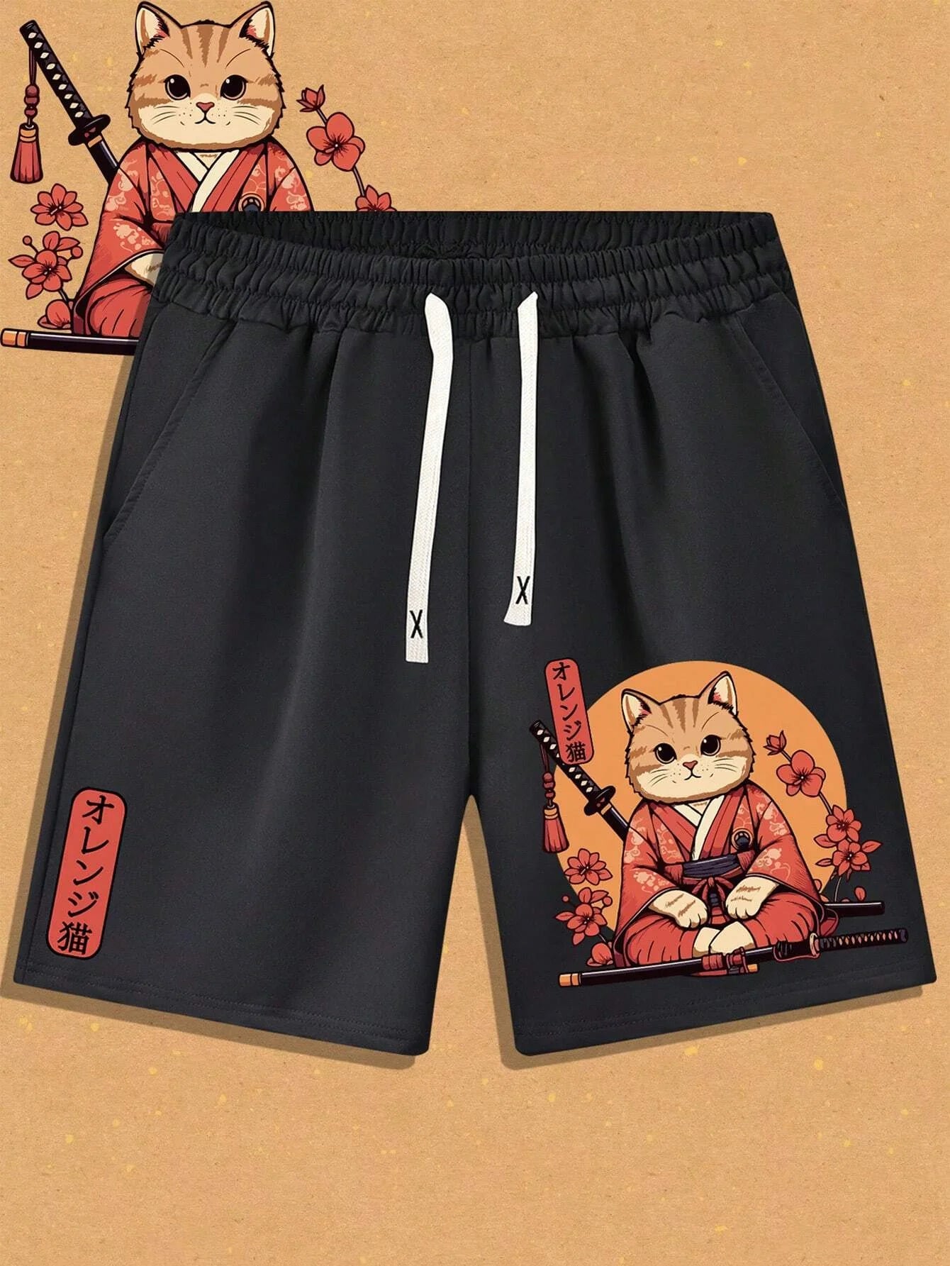 Men's swimming trunks 3D Japanese cat warrior print beach shorts quick-drying outdoor leisure sports shorts casual men's shorts