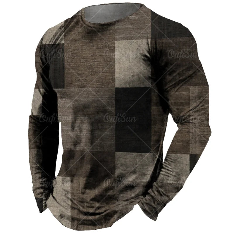 Vintage Men's Long Sleeve T-shirt Tops Plaid Print Autumn Oversized Sweatshirt Male O-neck Casual Daily Streetwear Men Clothing
