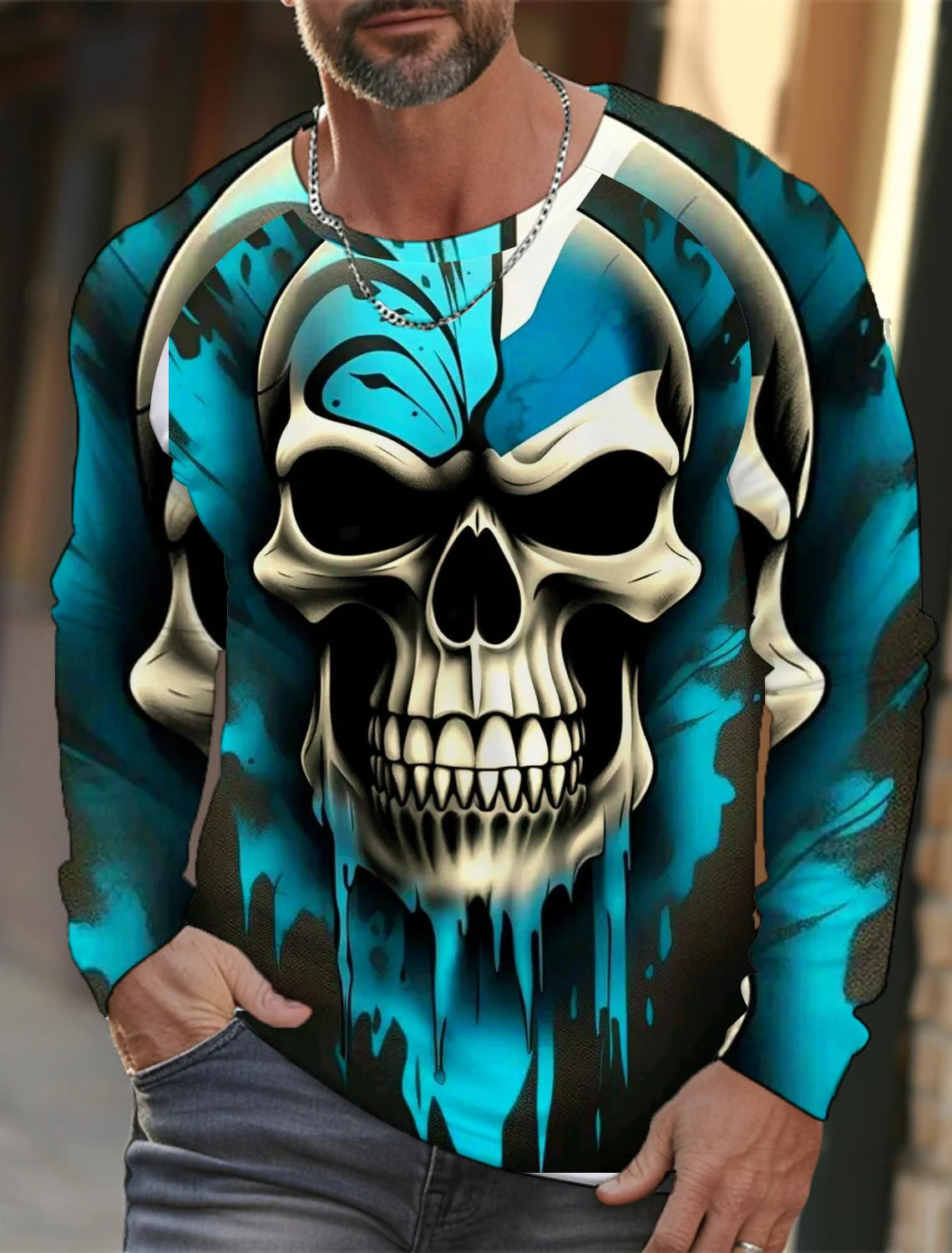 Men's long-sleeved T-shirt 3D printed high-definition skull stitching printing men's autumn tops casual round neck home clothes