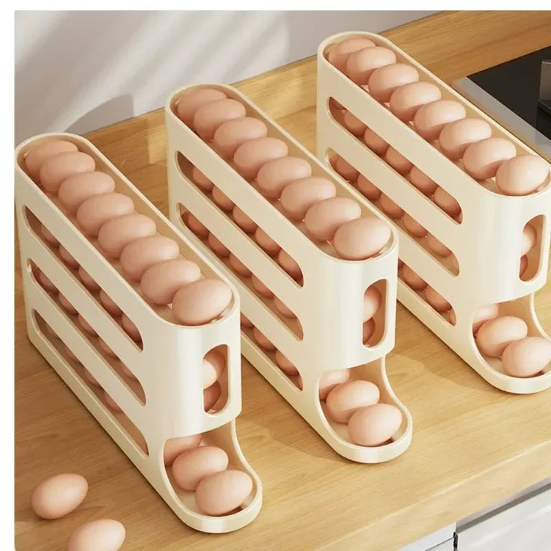 4 Layers Automatic Egg Holder Rack - Kitchen Fridge Egg Storage Organizer Dispenser Plastic Refrigerator Container