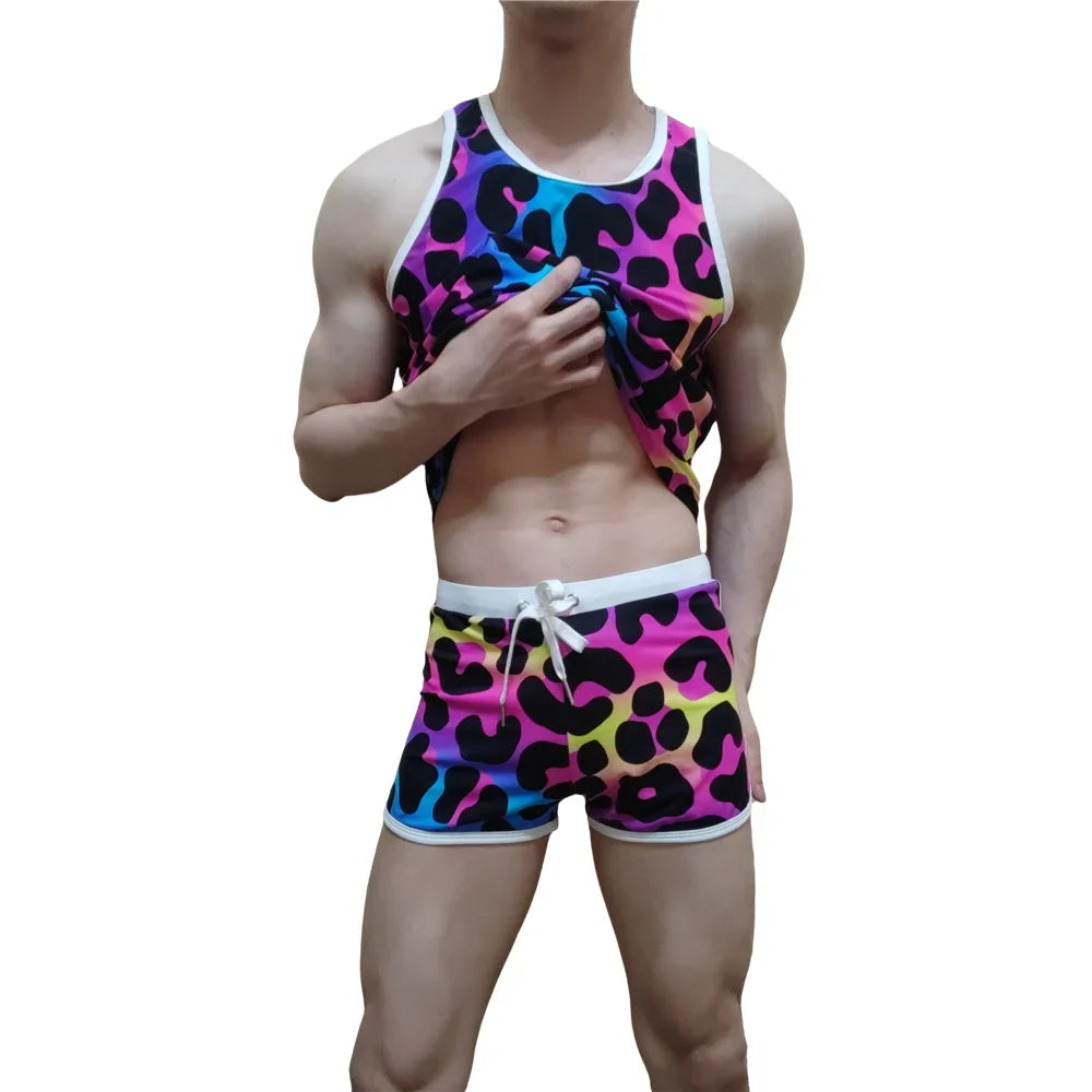 Sets Men's Tank Top Men's Sleeveless Top and Swimming Trunks Short Beach Pants Ice Silk Print Comfortable Fashion Outdoor Sports