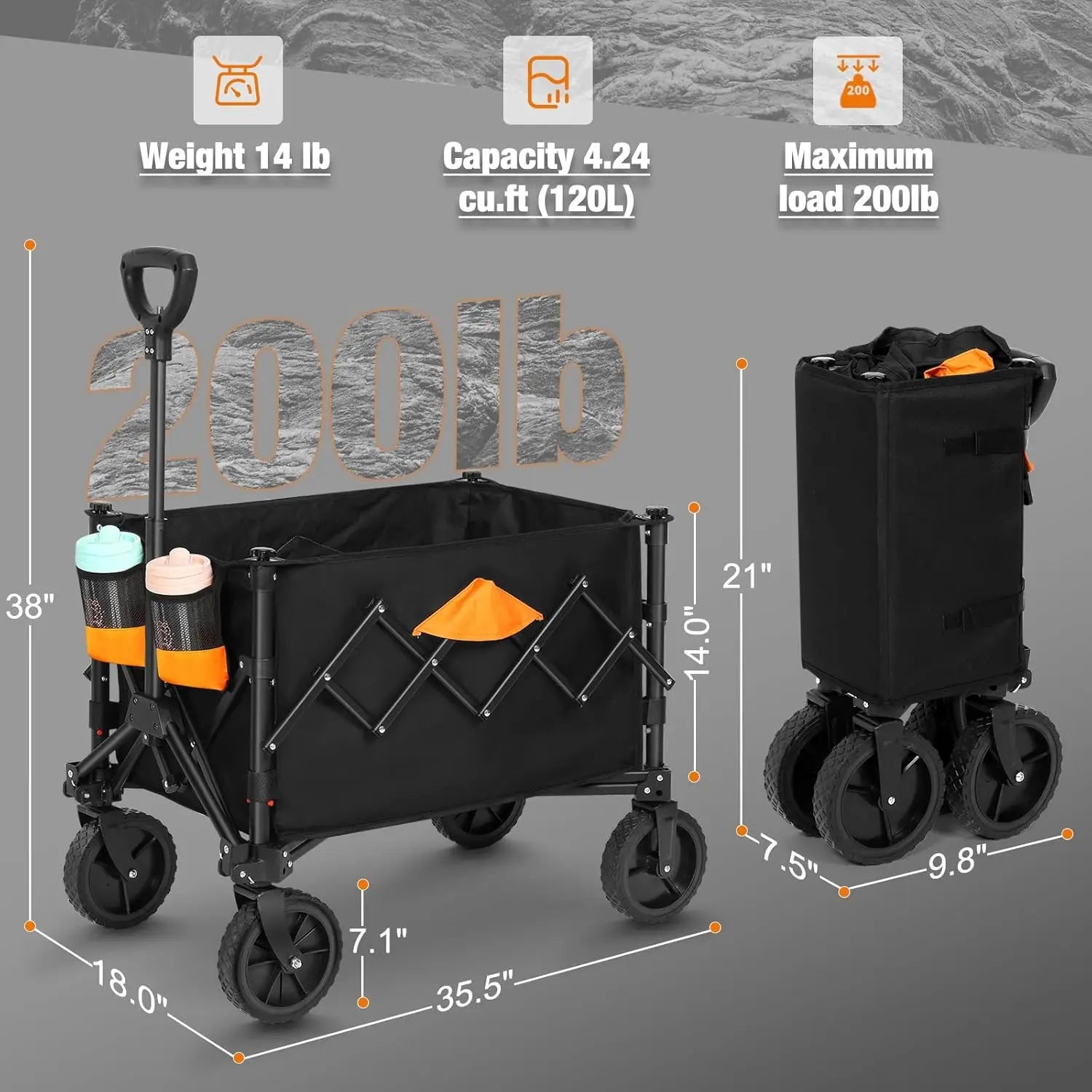 Collapsible Wagon Grocery Wagons Carts Foldable Utility Wagon with All Terrain Wheels Cup Holders Pockets for Grocery Shopping S