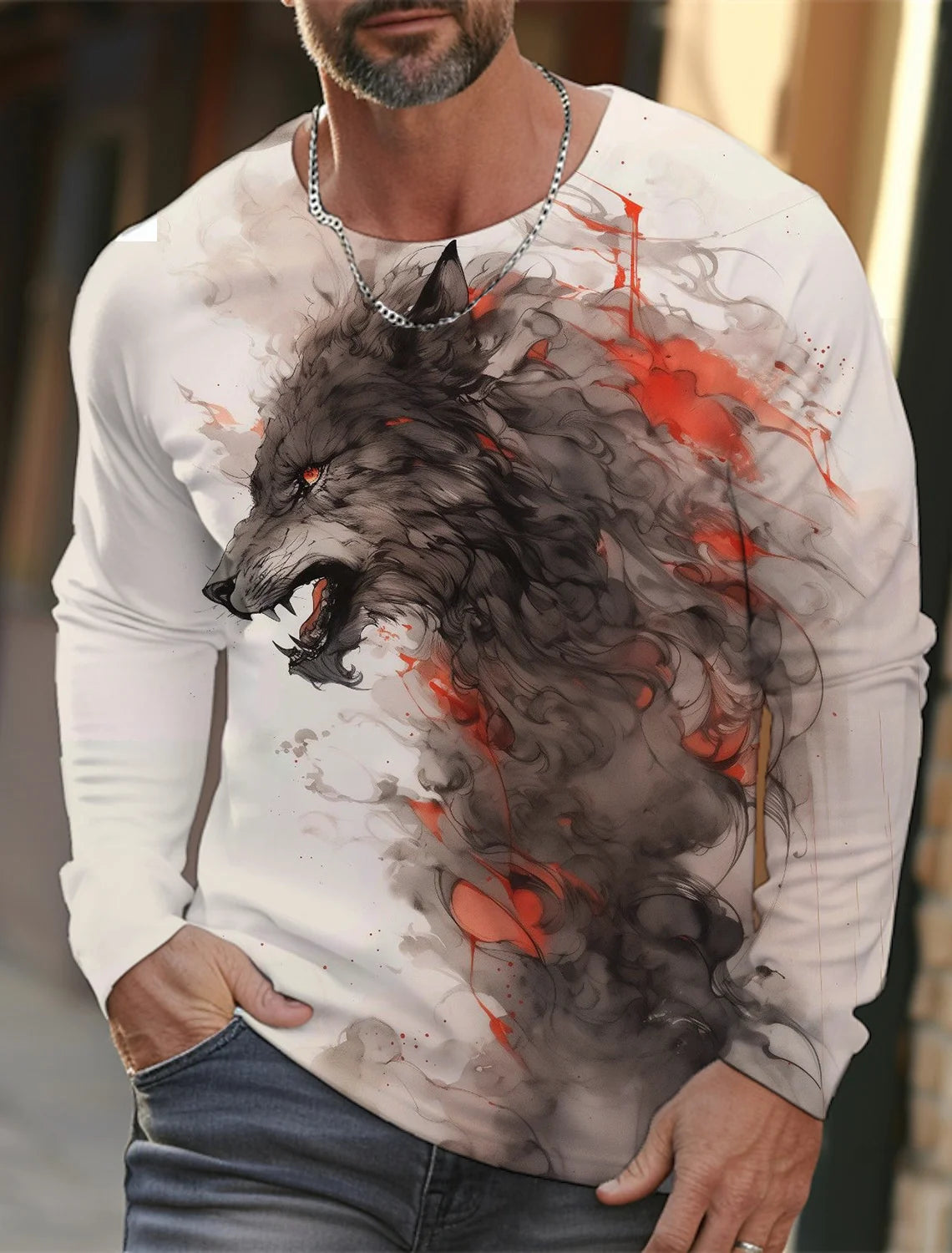 2024 new men's Ukiyoe long-sleeved T-shirt 3d printed high-definition wolf print men's autumn top casual round neck T-shirt