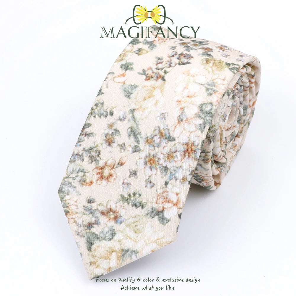 Top Hot Print Floral 6.5cm Necktie 100% Cotton Elegant Beige Sage Pink Men Wedding Party Daily Suit Shirt Cravat Gift Accessory