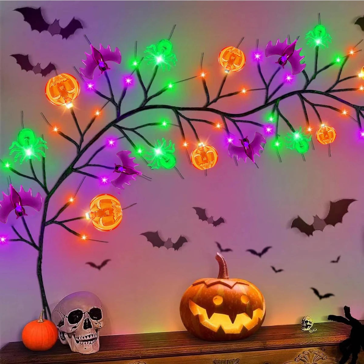 1PC 54 LED Halloween Decorative Black Willow Vine Lights With Orange Pumpkin Purple Bat Green Spider Waterproof 8 Light Modes