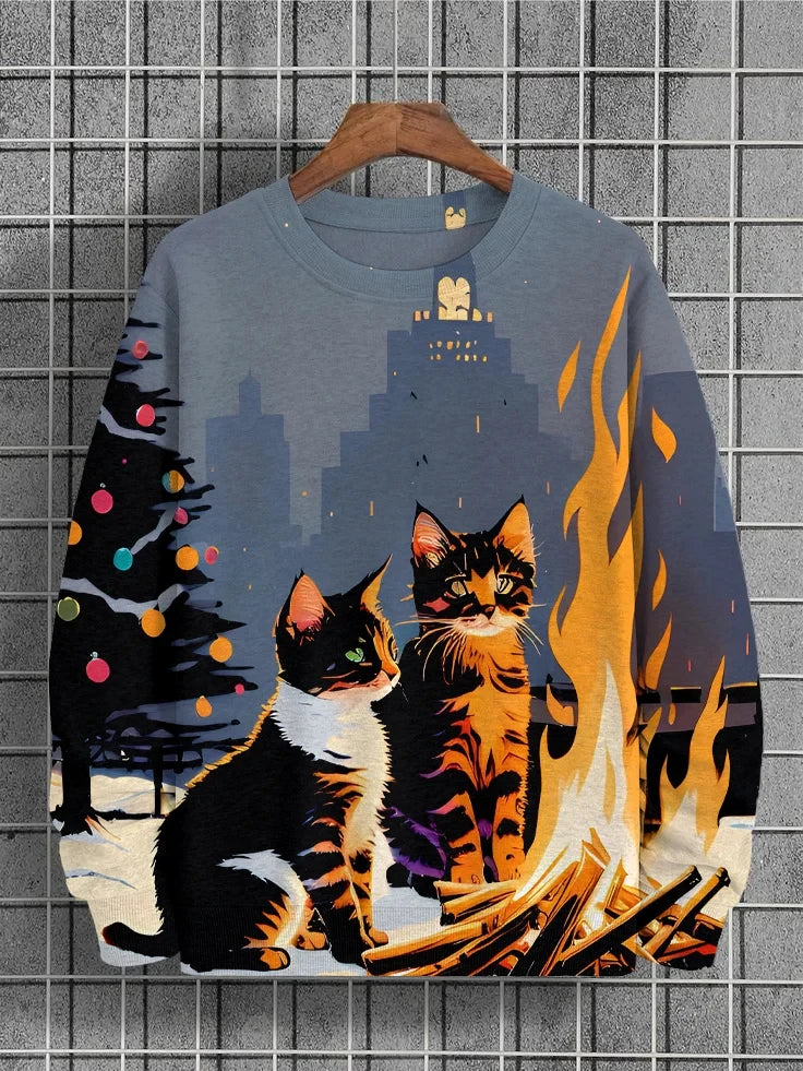 Men's Winter Skiing Animal Kitten Printed Casual Sweatshirt Fashion Round Neck Pullover Sweatshirt Polyester Fabric 2025 New