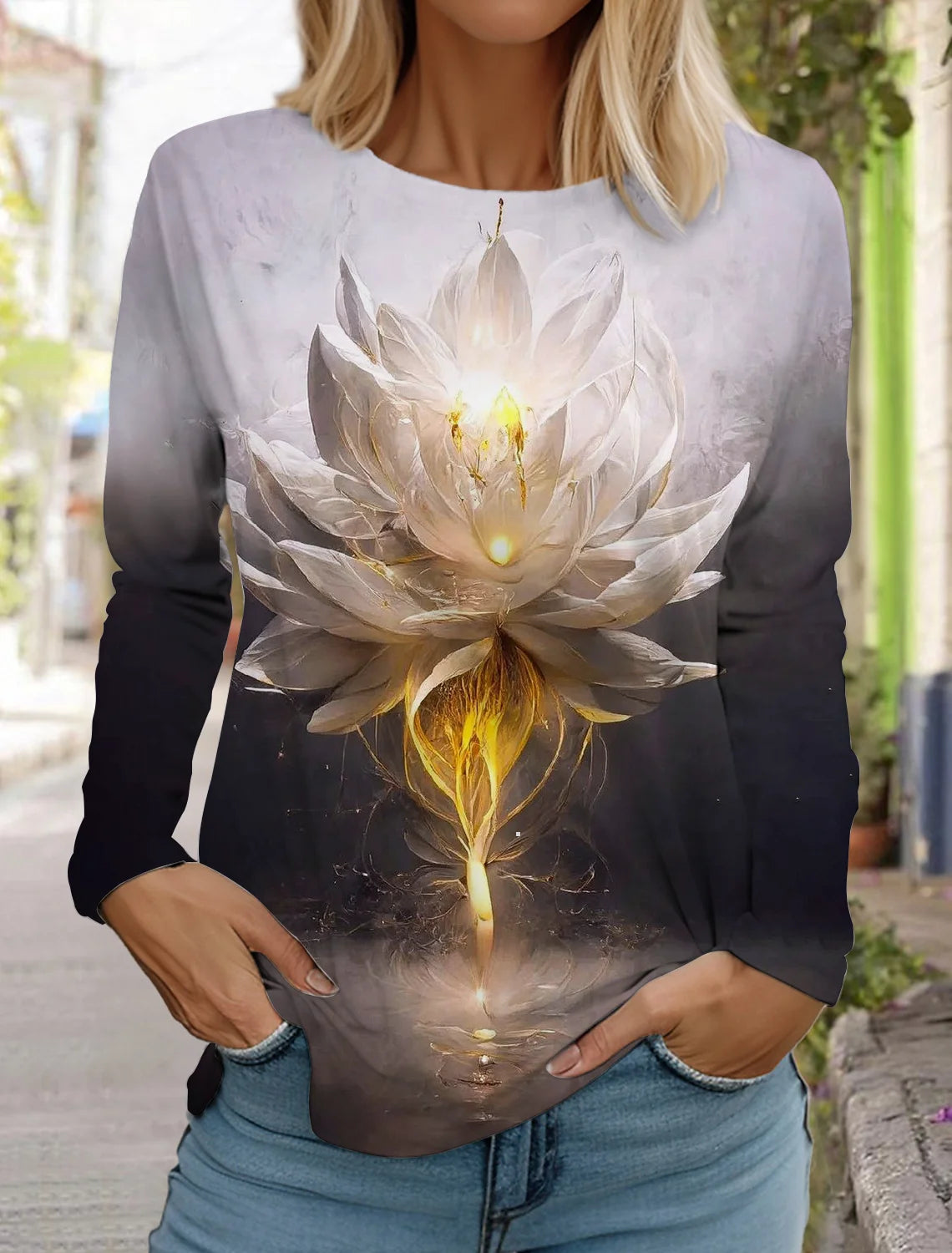 2024 women's fashion retro tops long sleeve round neck pullover casual long sleeve t-shirt new 3d printed lotus print t-shirt